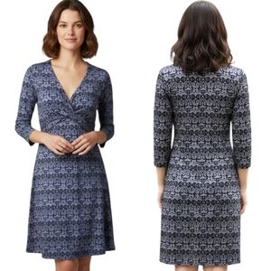 PRANA Grey & Black Geometric Print Twist-front Faux Wrap Dress -Size M